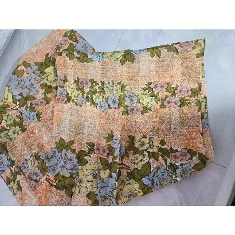 Vintage Womens Orange/Green Floral Rectangle Neck Or Head Scarf